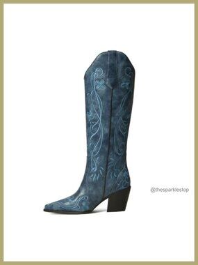 Knee High Western Cowgirl Boots Floral Embroidery Faux Leather 3" Heel